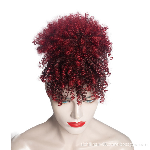 wholesale synthetic hair chignonPonytail With Bangs heat resistant afro kinky curly burgundy synthetic hair wigs for women